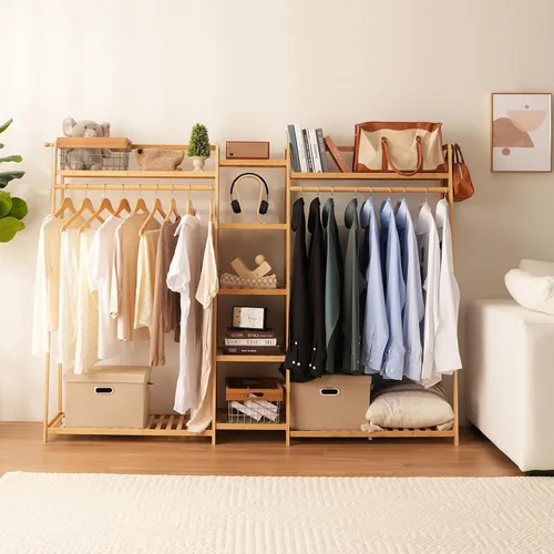 Miniatura 9 de Baveke Estante de bambú para ropa de 9 niveles, estante para colgar ropa, organizador de armario portátil con estante superior, estantes de Natural