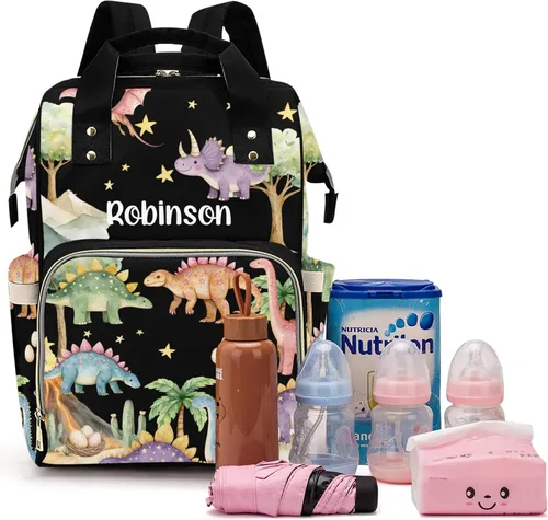 Miniatura 15 de Linda bolsa de pañales personalizada de dinosaurio tropical de gran capacidad para bebé, niño y niña, impermeable, con nombre personalizado, mochila