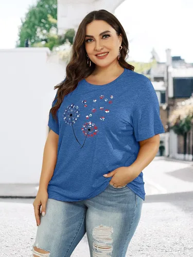 Miniatura 3 de Camiseta de verano para mujer, talla grande, con diente de león, manga corta, cuello redondo, holgada, casual