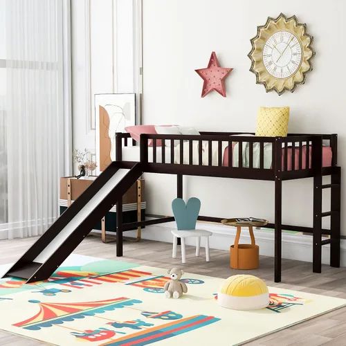 Majnesvon Cama baja de tamaño individual con escalera y tobogán, muebles de dormitorio de madera con barandillas para niños, niñas, fácil de montar,