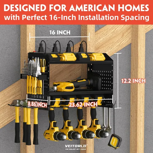 Miniatura 8 de Organizador de herramientas eléctricas con estación de carga, estante modular de montaje en pared resistente para garaje y organización de Negro