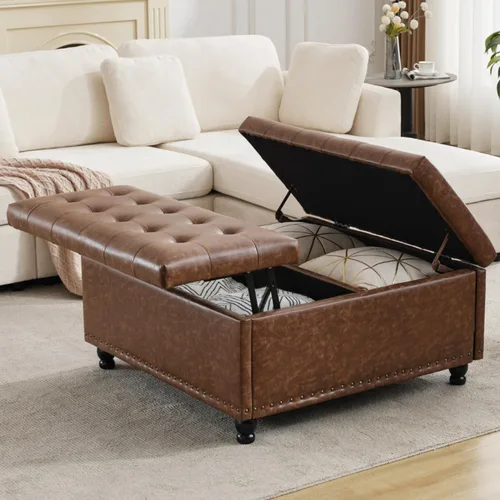 Tbfit Banco otomano de almacenamiento cuadrado grande, mesa de centro otomana tapizada con tapa de elevación y patas de madera maciza, caja de Marrón
