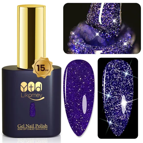 Miniatura 23 de YTD Likomey - Esmalte de uñas de gel con purpurina reflectante, 0.5 fl oz (15 ml), color negro con destellos de diamante, tono azul oscuro