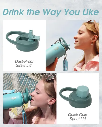 Miniatura 4 de Botella de agua Coolflask de 40 onzas con correa, botella de agua metálica aislada con popote y tapas con pico, acero inoxidable de doble pared al