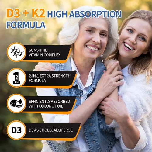 Miniatura 7 de Vitamina D3 10,000 UI + K2 200 mcg, 300 cápsulas blandas Aceite de coco Apoyo 2 en 1 para huesos, inmunes y cardíacos Fácil de tragar, sin OMG