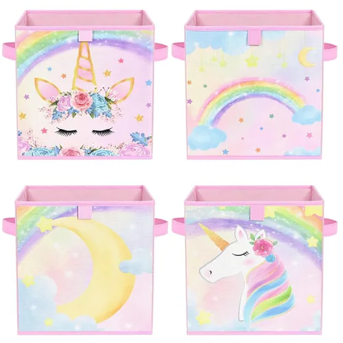 Miniatura 8 de WERNNSAI Cubos de almacenamiento – Paquete de 4 cubos de almacenamiento plegables de tela para niños, cestas de almacenamiento decorativas con asas