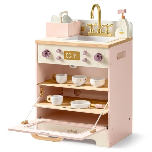ROBUD Juego de lavavajillas de madera, juego de cocina de juguete, lavavajillas de juguete para niños, juguete de cocina con cestas de Rosa