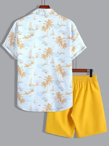 Miniatura 2 de OYOANGLE Conjunto de 2 piezas para hombre de manga corta con botones y pantalones cortos