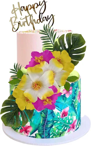 Miniatura 4 de 25 decoraciones de pastel hawaiano para decoración de pasteles de verano con bonitas figuras y hojas de palmera de flores de hibisco para fiestas