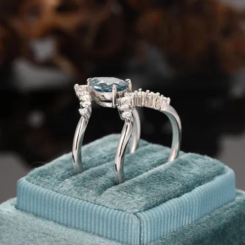 Miniatura 7 de Frayerr Anillo de moissanita Anillo de boda de plata de ley 925 Conjuntos de boda de topacio Anillo retro de 1.50 quilates natural de topacio
