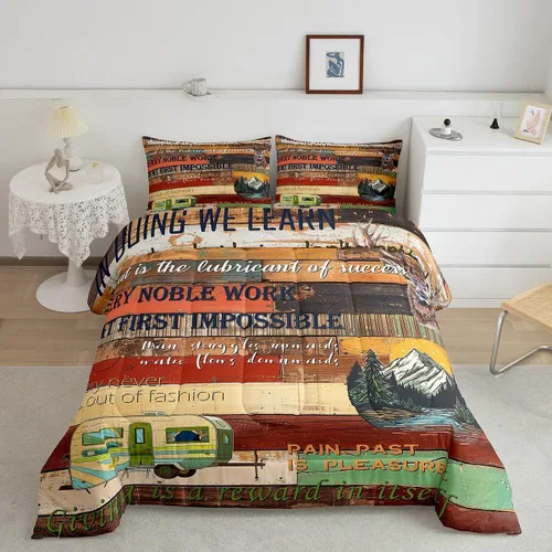 Miniatura 10 de Juego de ropa de cama de campamento para niños, tamaño individual, juego de edredón de gnomos kawaii para niños y niñas, edredón vintage de madera