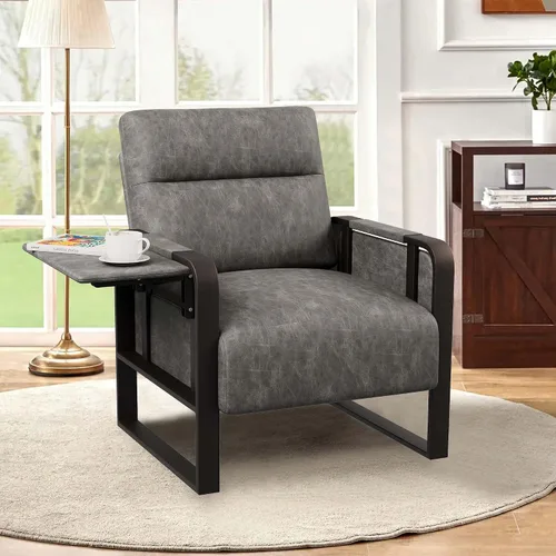 Miniatura 14 de Silla de Acento Moderna Tapizada en Cuero PU Sillón con Mesa de Bandeja para Dormitorio Sala de Estar Sillas Silla de Oficina Beige