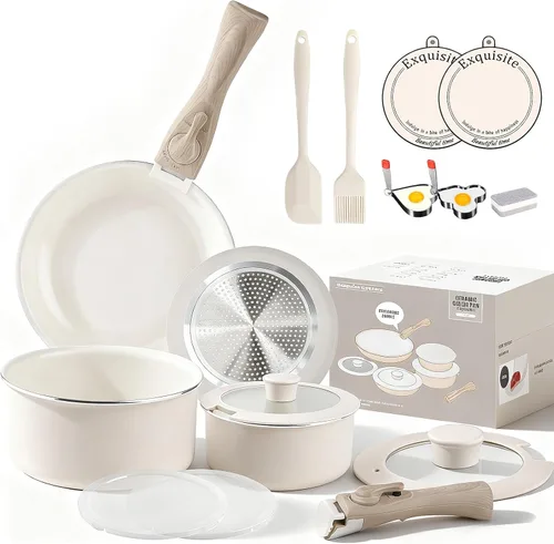 Miniatura 9 de Heapsion Juego de utensilios de cocina antiadherentes de cerámica de 10 piezas, sin PFAS/PFOA/PTFE y no tóxicos, juego de ollas y sartenes con asas