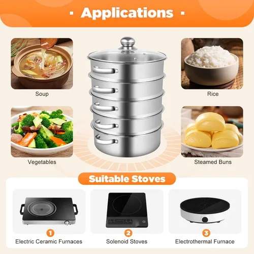 Miniatura 9 de Olla de vapor para cocinar de acero inoxidable de 10.2 pulgadas, olla de vapor de 5 niveles con tapa, utensilios de cocina multiusos para cocinar