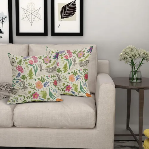 Miniatura 7 de Juego de 2 fundas de almohada de primavera de 16 x 16 pulgadas, diseño de conejo, flores rosas, hojas verdes salvia, plantas botánicas vintage