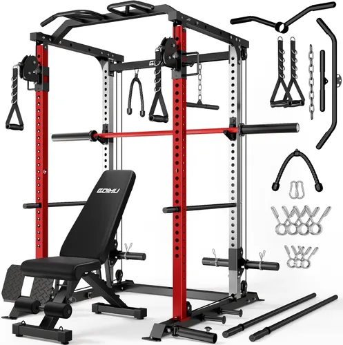 Miniatura 27 de DP01 - Jaula de potencia, estante para sentadillas de 2000 libras con cable cruzado y sistema de polea doble independiente, jaula completa para Rojo