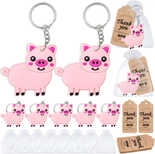 Paquete de 60 recuerdos de fiesta de animales con 20 llaveros de cerdo, 20 etiquetas, 20 bolsas para amantes de los animales de granja, baby shower,