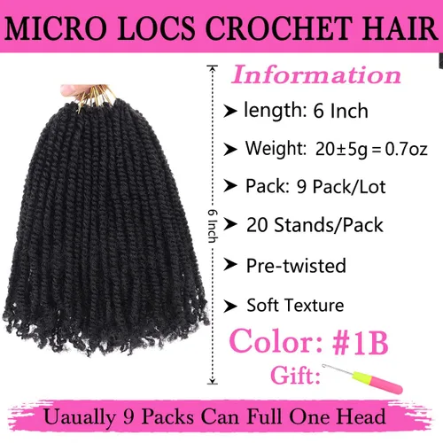 Miniatura 2 de COOKOO 9 paquetes de extensiones de cabello sintético de ganchillo pretrenzado de 6 pulgadas, trenzas mini de pasión preenlazadas, trenzas 1b#