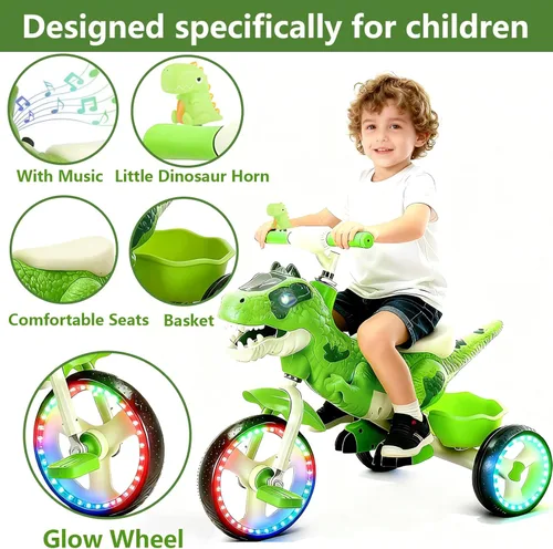 Miniatura 2 de NMM Triciclo de Dinosaurio para Niños Pequeños, Triciclo para Niños con Música, LED, Triciclos para Niños de 3-5 Años, para Ciclista, Rueda Grande