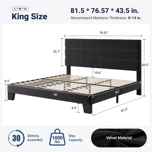Miniatura 2 de Allewie Base de cama de plataforma tamaño King con cabecera tapizada de terciopelo y soporte de listones de madera, base de colchón totalmente Negro