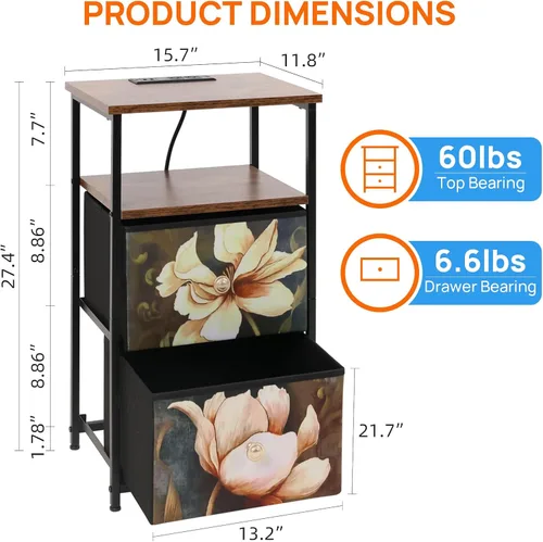 Miniatura 3 de ALBAD Mesita de noche con estación de carga/carga, mesita de noche LED para dormitorio, mesita de noche con cajones de almacenamiento, mesa auxiliar
