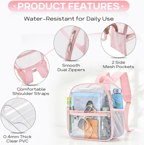 Miniatura 3 de Mochila Transparente Oraben para Eventos de Estadio Mochila Transparente para Estadio 12x6x12, Rosa, Pequeño