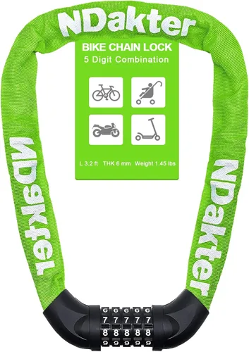 Miniatura 61 de NDakter Cerradura de cadena para bicicleta, combinación de 5 dígitos, resistente, antirrobo, cerradura de bicicleta de seguridad