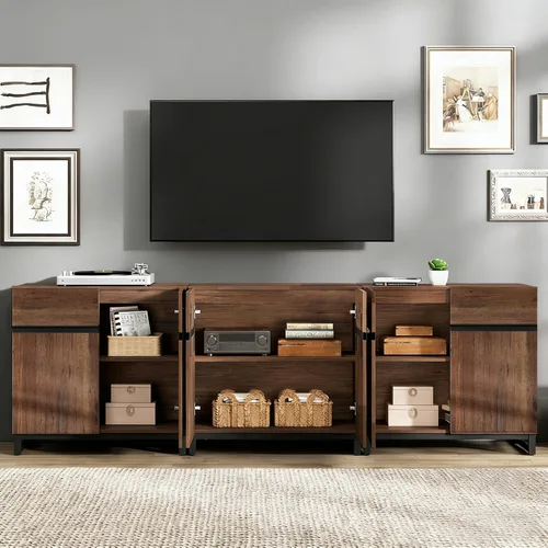 Miniatura 3 de Wampat Moderno soporte de TV para televisores de 100 pulgadas, consola central de entretenimiento 3 en 1 con estantes ajustables y base de metal