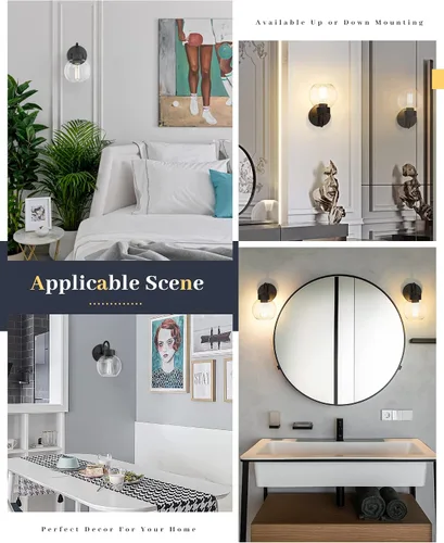 Miniatura 7 de EAPUDUN WLA1433-MBK - Lámpara de baño de 1 luz negra mate sobre espejo, luces de tocador con 1 globo de vidrio transparente, apliques de pared