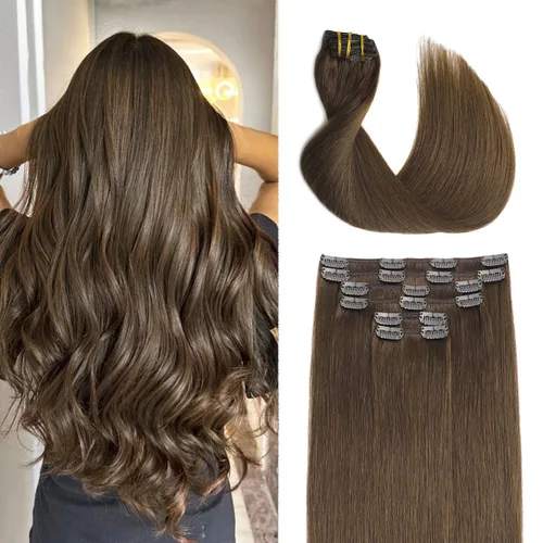 Miniatura 17 de Sindra Extensiones de cabello humano con clip, balayage 3/8/22 de color marrón oscuro a marrón ceniza y rubio dorado, extensiones de cabello humano