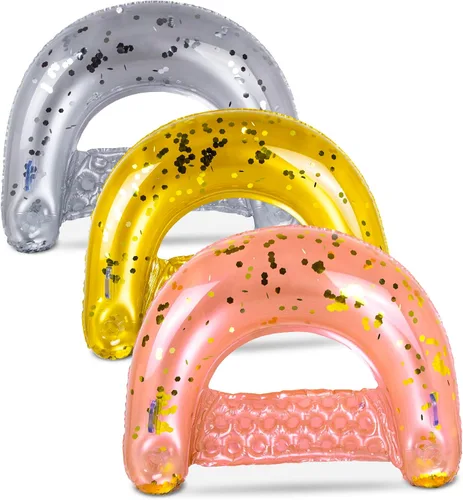 POZA Silla flotante inflable para piscina, tumbona lujosa rellena de confeti brillante, 2 portavasos y asas integrados, silla flotante de agua para
