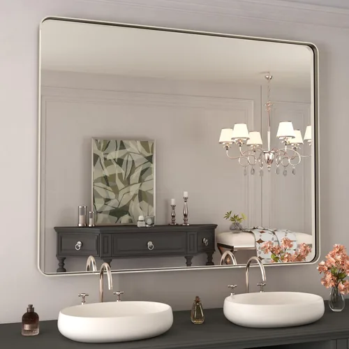 Miniatura 30 de WEER - Espejo de baño dorado, espejo de 40x32 pulgadas con marco de metal dorado cepillado, espejo de tocador de baño de oro para pared