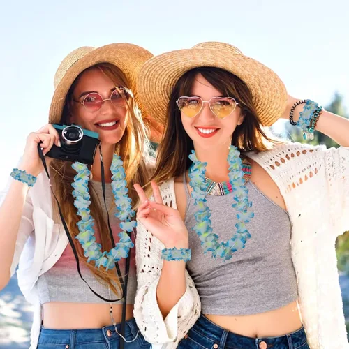 Miniatura 6 de 48 piezas de Leis hawaianos gruesos a granel, revelación de género Leis Blue Jumbo 12 diademas 24 pulseras, 12 collares florales para fiesta Luau