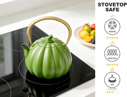 Miniatura 3 de VICSKY Tetera de hierro fundido de calabaza, tetera japonesa de tetsubin, 40 onzas, interior esmaltado e infusor extendido para hojas sueltas