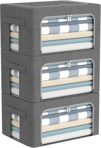 Miniatura 12 de CYhom Paquete de 3 contenedores plegables de almacenamiento - Caja de almacenamiento con marco de tela de lino apilable para ropa con ventana