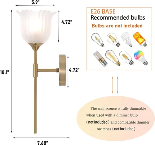 Miniatura 4 de BYOLIIMA Juego de 2 apliques de pared dorados con pantallas de vidrio esmerilado, luminarias modernas de pared para tocador de baño de mediados