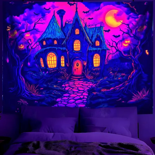 Miniatura 27 de BVBOX Tapiz de Halloween con luz negra, reactivo a los rayos UV que brilla en la oscuridad, póster de tapiz trippy con luz negra para sala de estar
