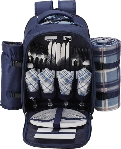 Miniatura 8 de Apollo walker Juego de mochila de picnic para 4 con compartimento refrigerador, soporte desmontable para botellas/vino que incluye manta de picnic