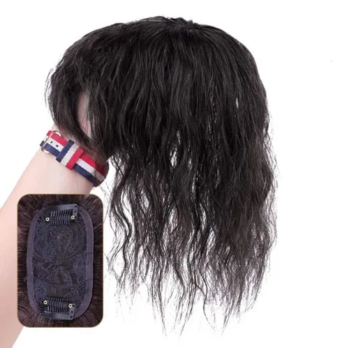 Miniatura 6 de 3 x 4.7 pulgadas con clip superior para mujer, cabello humano ligeramente rizado con flequillo lateral, color marrón oscuro, 10 pulgadas