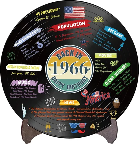 Holkcog Disco de vinilo para decoración de cumpleaños de 1966, cartel vintage de fiesta de cumpleaños de 1966 con soporte, suministros de fiesta de