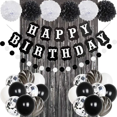 ANSOMO Decoraciones de fiesta de feliz cumpleaños en blanco y negro, 30 piezas de globos, pancartas de aluminio con flecos, para hombres y mujeres