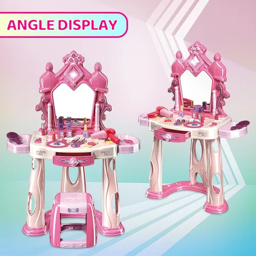 Miniatura 4 de Juego de mesa de maquillaje para niñas con taburete, juego de tocador para niños con luces y música, juego de salón de belleza para niños pequeños