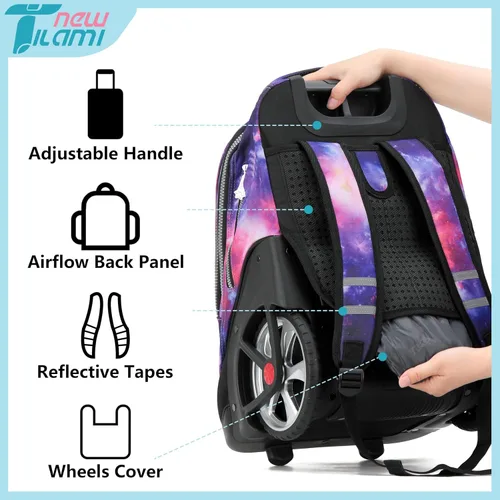 Miniatura 77 de NEW TILAMI Mochila con ruedas de 19 pulgadas con bolsa de almuerzo para niñas y niños, mochila para laptop con ruedas, bolsa de mano duradera