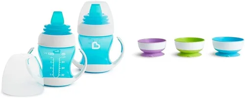 Munchkin® Gentle™ Transition Sippy Trainer - Tazón de 4 onzas, paquete de 2, cuencos de succión azules y Stay Put™ para bebés y niños pequeños,