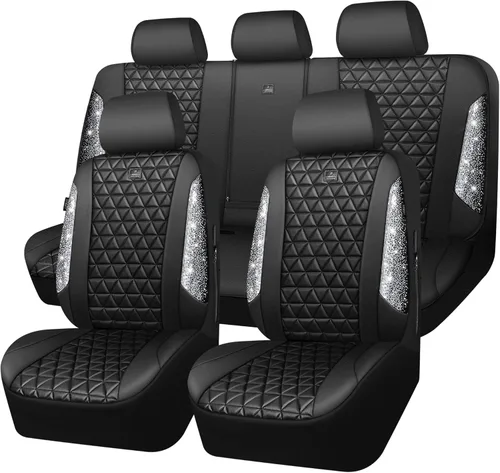 CAR PASS Fundas de asiento de automóvil de cuero con diamantes brillantes, juego de asientos interiores de asientos completos, impermeable, Plateado