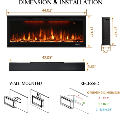 Miniatura 6 de Chimenea eléctrica inteligente de 42 pulgadas con control por aplicación, montaje en pared e insertos de chimenea empotrados en la pared, llama