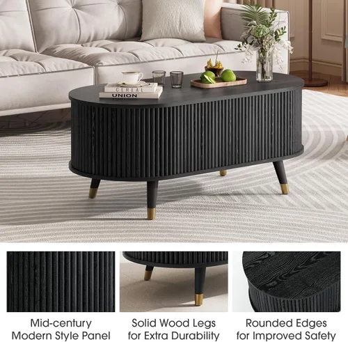 Miniatura 4 de SULIVES Mesa auxiliar ovalada con almacenamiento, mesa de centro multifuncional con tambor elevable, pequeña mesa central acanalada para sala