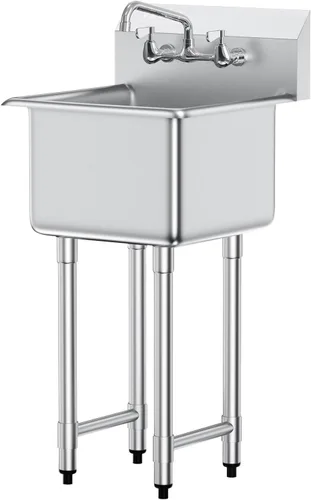 Miniatura 9 de VEVOR Fregadero de acero inoxidable para preparación y utilidad, fregadero pequeño de pie con 1 compartimento, incluye grifo y patas, fregaderos