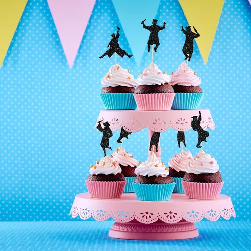 Miniatura 5 de Gyufise 24 piezas Adornos para pastel de graduación 2026 con purpurina negra, clase de 2026, adornos para magdalenas con gorra de graduación