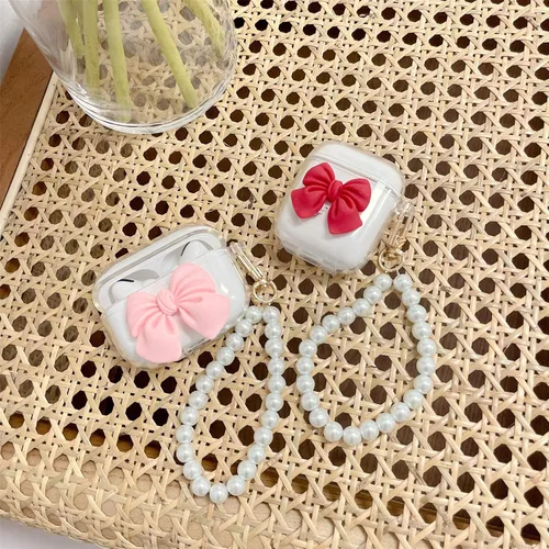 Miniatura 3 de Funda transparente compatible con AirPods 1 y 2, hermoso diseño de lazo colorido con pulsera de perlas de lujo, ultrafina, funda protectora de RosaA
